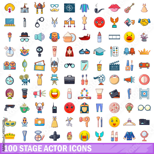 100 stage actor icons set, cartoon style 