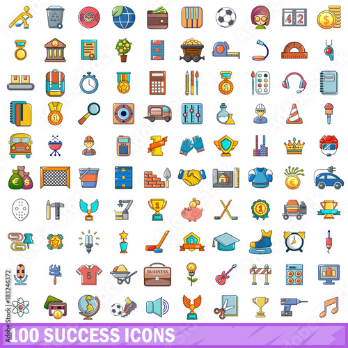 100 success icons set, cartoon style 
