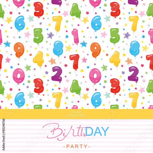 Birthday party invitation card for kids. Included seamless pattern with glossy colorful balloon numbers.