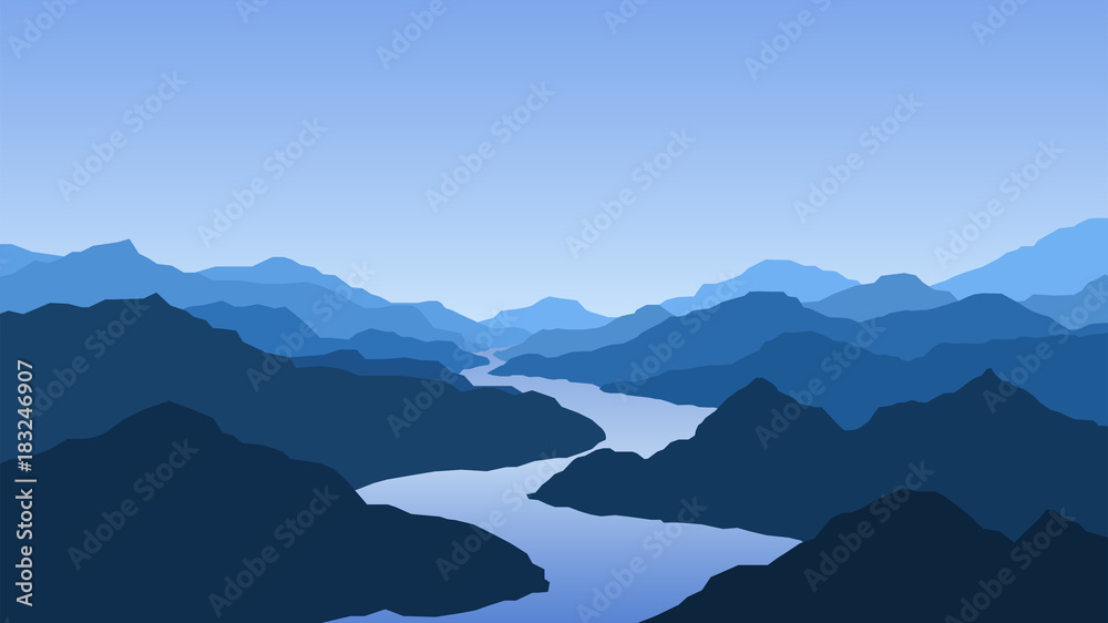 Obraz premium Wektorowa tapeta z krajobrazem, górami i rzeką
