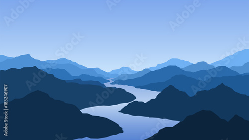 Vector wallpaper with a landscape, mountains and river © lidiia