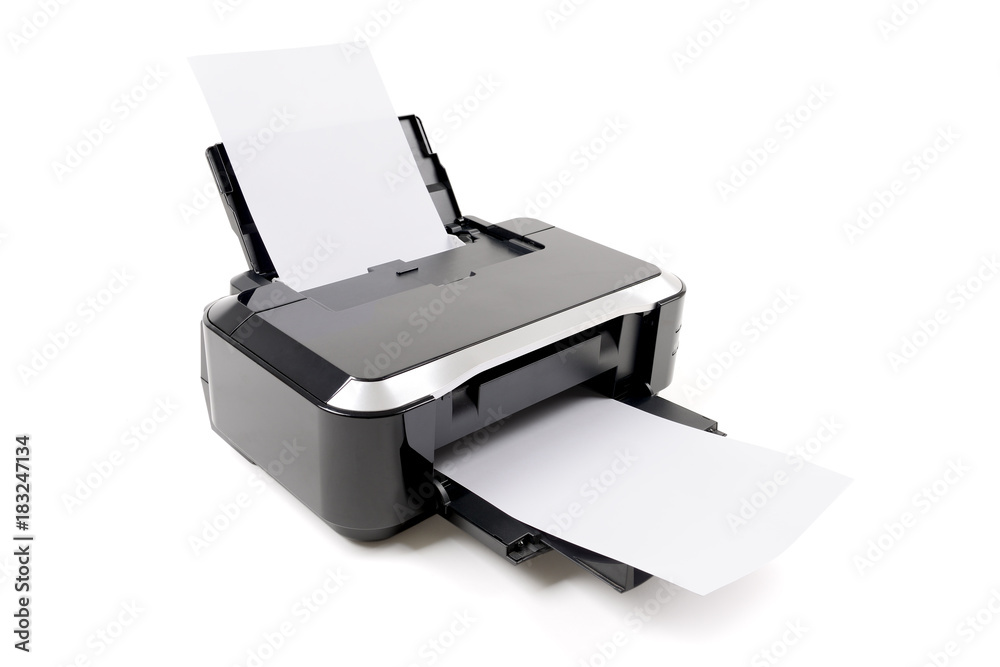 Printer and paper isolated on white background Printer and paper isolated on white background