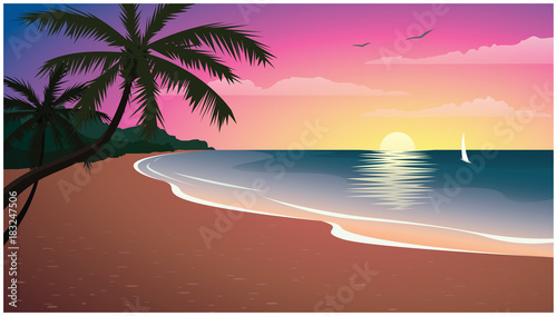 Vector illustration with sunset beach