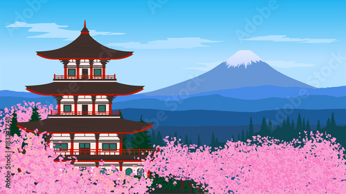 Illustration with an Asian temple and mountains. Japan, cherry blossom, Mount Fuji