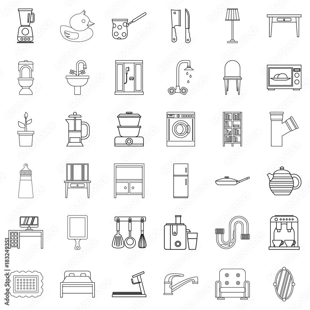 Interior icons set, outline style