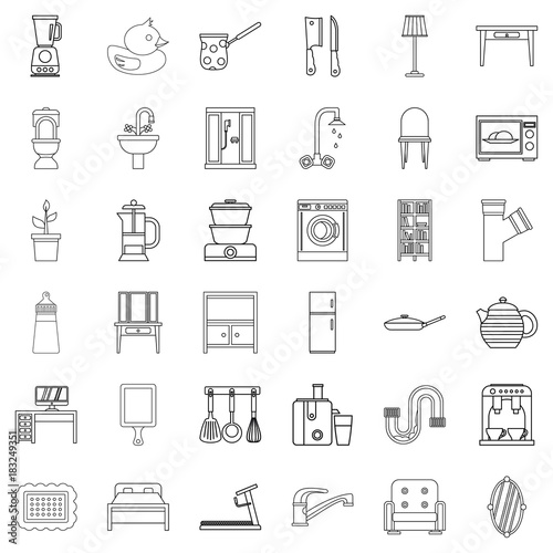Interior icons set, outline style