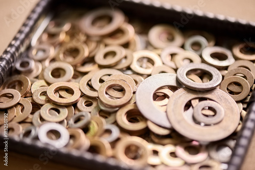 Pile of a steel washers. Steel washers close-up.