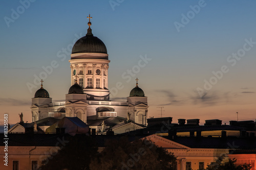 Helsinki Cathedral illuminated in the night dominating the city skyline