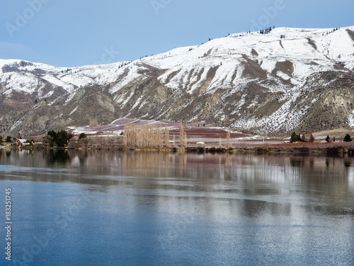 Snow covered Columbia River Valley north of Wenatchee  Eastern Washington state