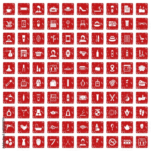100 beauty salon icons set grunge red