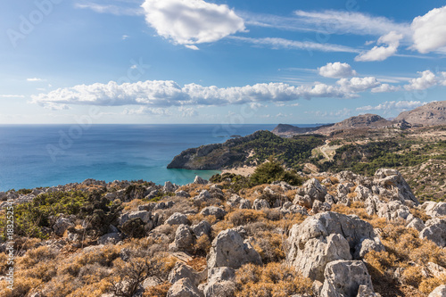 Coastline landscape from the Tsambika mountain on the Rhodes Island  Greece