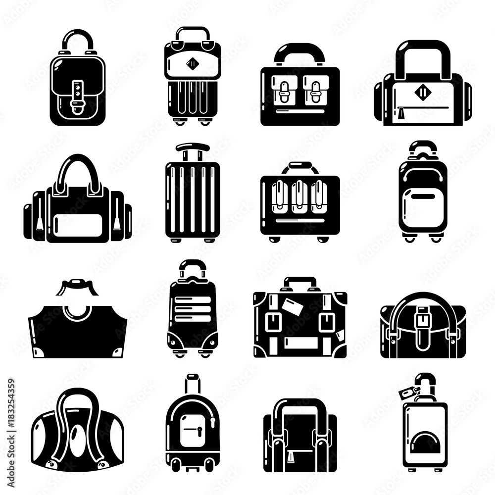 Bag baggage suitcase icons set, simple style Bag baggage suitcase icons set, simple style