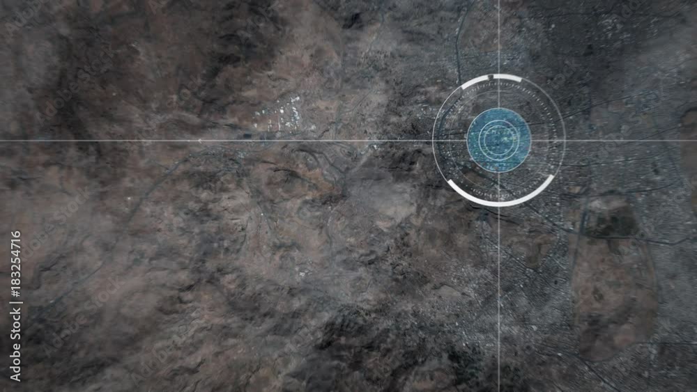Surveillance drone camera scanning a city in the middle east desert, POV of drone or satellite with HUD and heat camera monitoring Sanaa in Yemen
