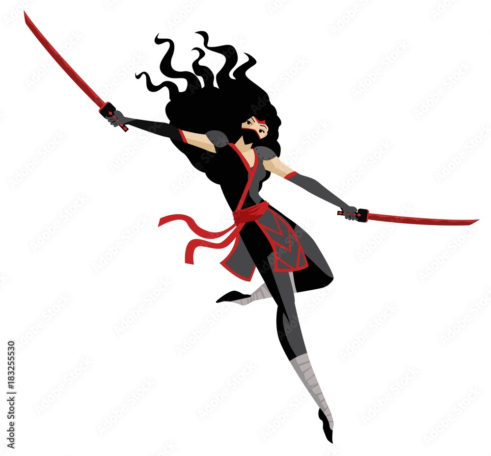 ninja woman jumping with two swords