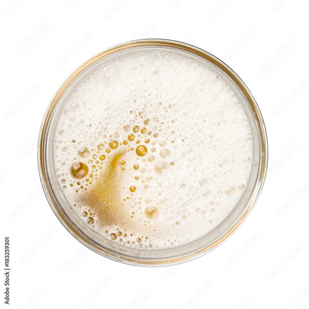 Mug of beer with bubble on glass isolated on white background celebration object design top view
