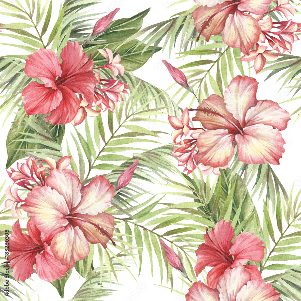 Obraz Tropikalny wzór. Liście palmowe i hibiskusa. Ręcznie rysować ilustracji akwarela.