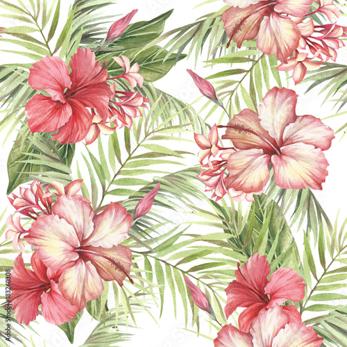 Naklejka Tropikalny wzór. Liście palmowe i hibiskusa. Ręcznie rysować ilustracji akwarela.