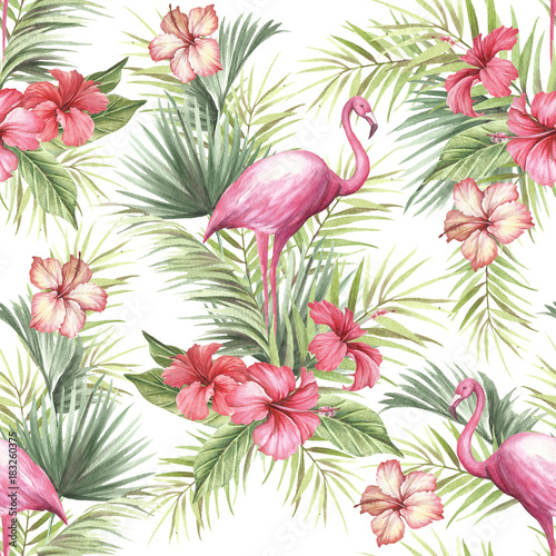 Tropical isolated seamless pattern with flamingo.Hand draw watercolor illustration © adelveys