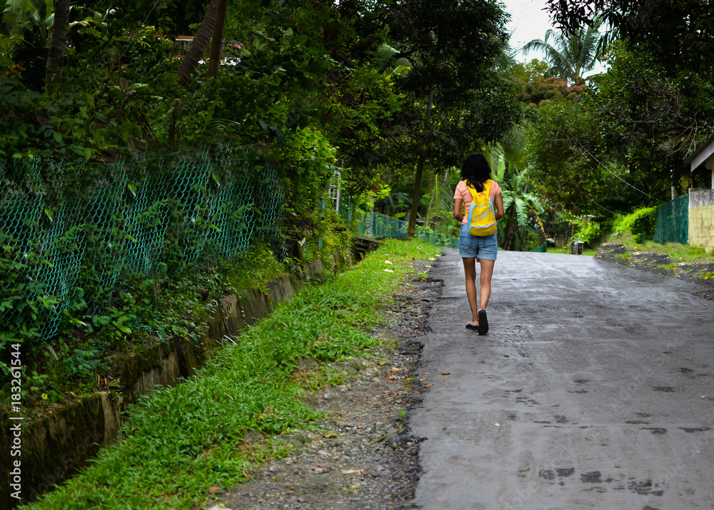 Lady Traveler walking down a road with Greenery Lady Traveler walking down a road with Greenery