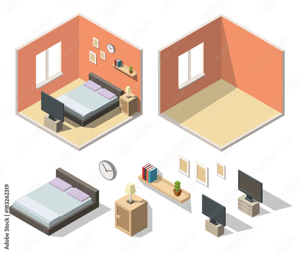 Isometric living room interiors vector 3d set