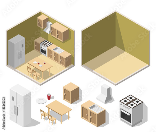 Isometric Kitchen interior flat style vector modern Illustration set
