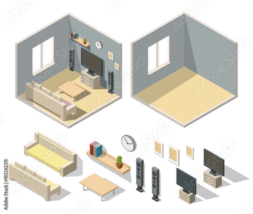 Isometric living room interiors vector 3d set
