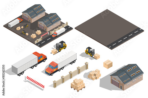 Isometric warehouse exterior of storage vector set with shipping delivery flat illustration Logistic concept export truck infographics