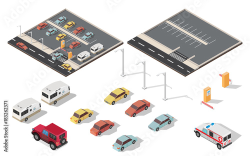 Fototapeta Naklejka Na Ścianę i Meble -  Isometric parking space cars vector illustration city background set