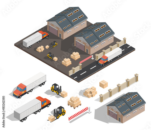 Isometric warehouse exterior of storage vector set with shipping delivery flat illustration Logistic concept export truck infographics