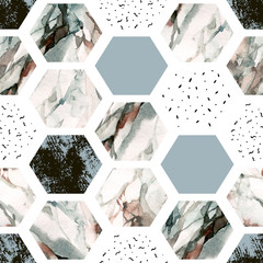 Handdoek met foto Marmeren hexagons patronen Aquarel hexagon met grunge strepen  © Tanya Syrytsyna