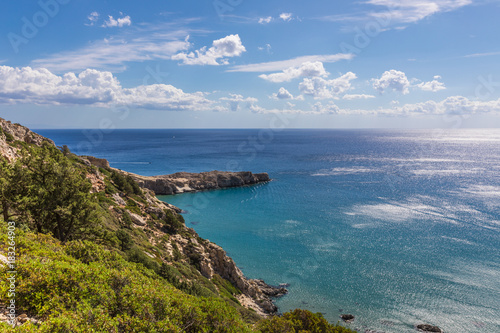 Coastline landscape from the Tsambika mountain on the Rhodes Island, Greece