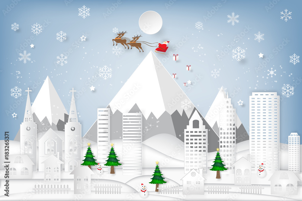 Santa Claus on Sleigh and Reindeer over Snowman on snowflakes and cityscape background as holiday, merry christmas, paper art and craft style concept. vector illustration.