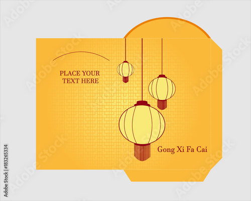 Chinese red pocket with hanging lanterns and Gong Xi Fa Cai text. Vector illustration 