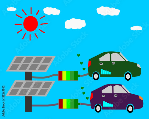 Eco car, Solar energy concept illustration, eco energy solar sun alternative power © nattapanpis
