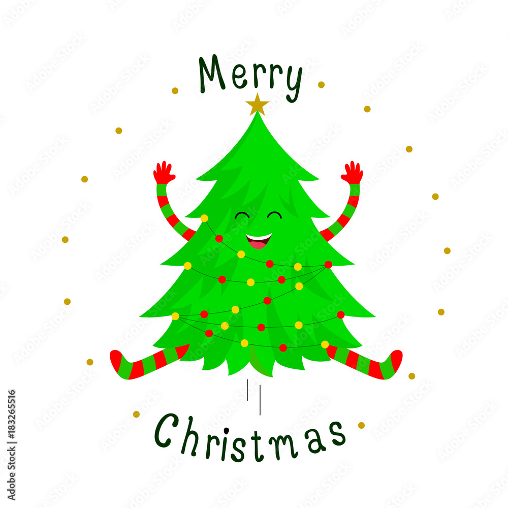 Cute Christmas tree cartoon characters with smiley face. Merry Christmas  and Happy New Year. Vector illustration isolated on white background. Stock  Vector | Adobe Stock