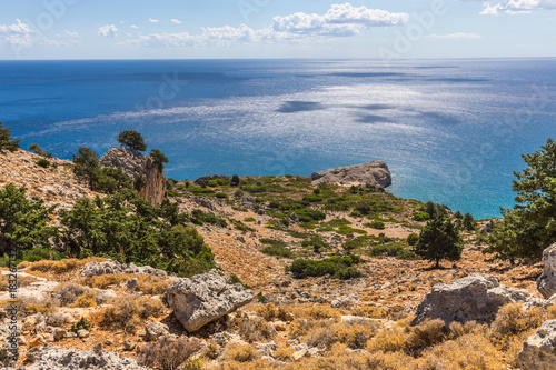 Coastline landscape from the Tsambika mountain on the Rhodes Island, Greece