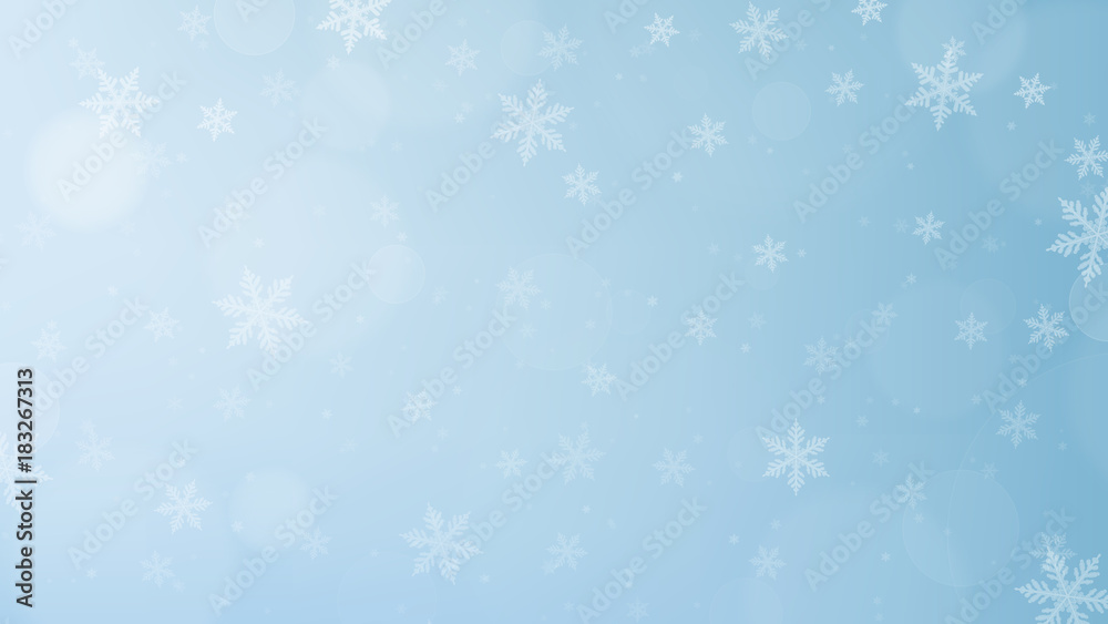 Winter light blue background with white flying christmas snowflakes for poster, placard, banner and greeting card. Merry Christmas, New Year and winter holiday concept. Vertical layout.