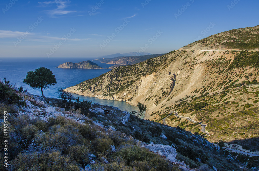Panoramic view of the mountains and coast of Kefalonia