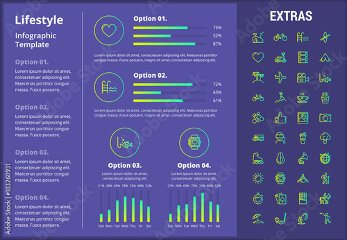 Lifestyle infographic template, elements and icons. Infograph includes customizable graphs, four options, line icon set with healthy food, sport exercise, training machine, leisure activities etc.