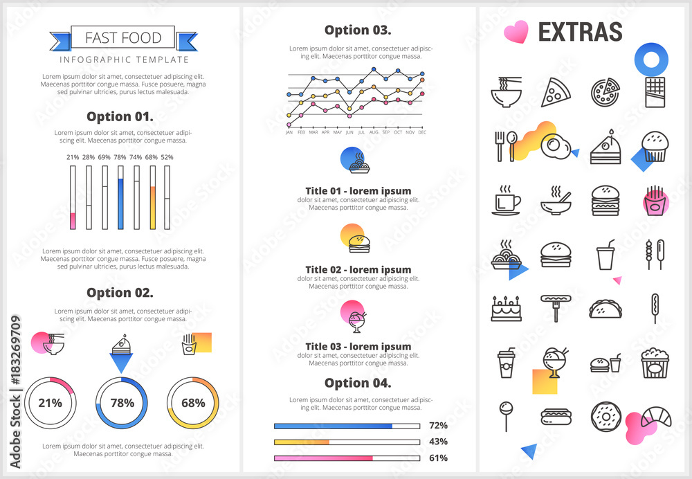 Fast food infographic template, elements and icons. Infograph includes customizable graphs, four options, line icon set with fast food, a piece of pizza, snacks, restaurant meal, unhealthy meal etc.