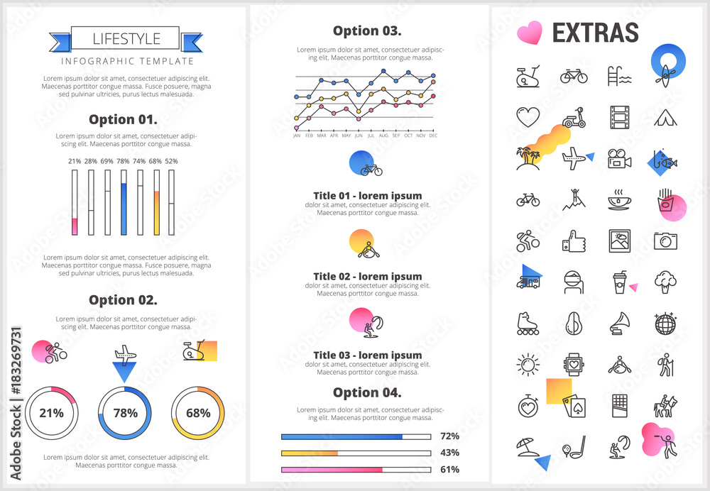 Lifestyle infographic template, elements and icons. Infograph includes customizable graphs, four options, line icon set with healthy food, sport exercise, training machine, leisure activities etc. Lifestyle infographic template, elements and icons. Infograph includes customizable graphs, four options, line icon set with healthy food, sport exercise, training machine, leisure activities etc.