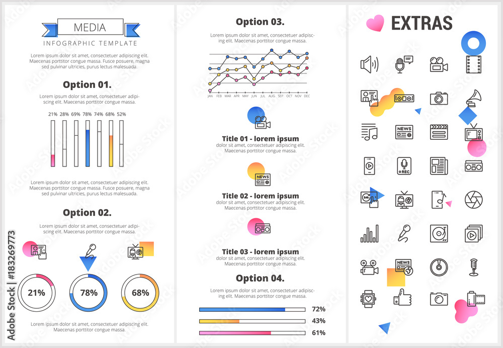 Media infographic template, elements and icons. Infograph includes customizable graphs, four options, line icon set with social media, user profile, broadcast media, record, telecommunication etc. Media infographic template, elements and icons. Infograph includes customizable graphs, four options, line icon set with social media, user profile, broadcast media, record, telecommunication etc.