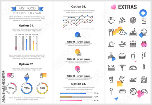 Fast food infographic template, elements and icons. Infograph includes customizable graphs, four options, line icon set with fast food, a piece of pizza, snacks, restaurant meal, unhealthy meal etc.
