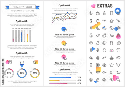 Healthy food infographic template, elements and icons. Infograph includes customizable graphs, four options, line icon set with food plate, restaurant meal ingredients, eat plan, vegetables, meat etc.