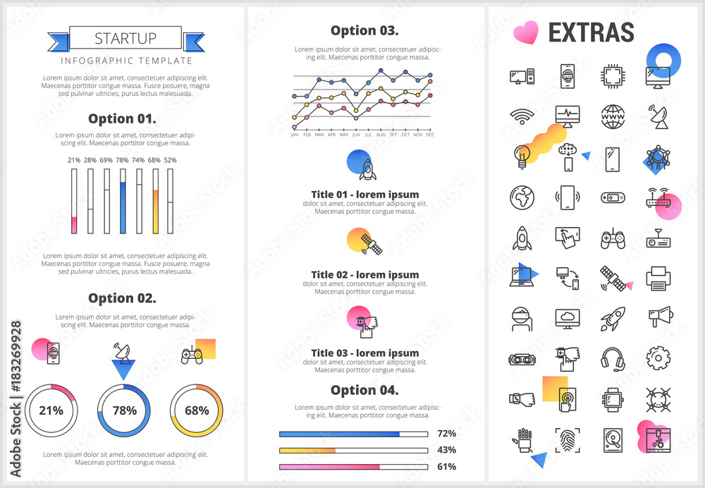 Startup infographic template, elements and icons. Infograph includes customizable graphs, four options, line icon set with startup rocket, business launch, network technology, internet connection etc.