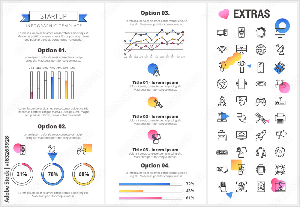 Startup infographic template, elements and icons. Infograph includes customizable graphs, four options, line icon set with startup rocket, business launch, network technology, internet connection etc.