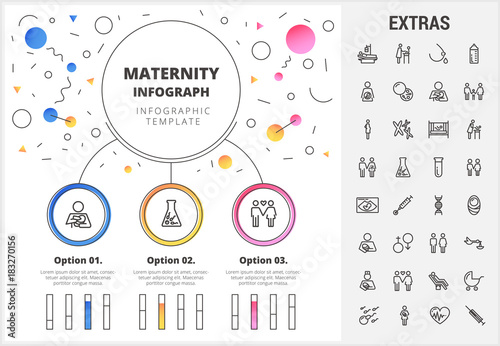 Maternity circle infographic template, elements and icons. Infograph includes customizable bar charts, line icon set with pregnant woman, breast feeding, child care, reproductive technologies etc.