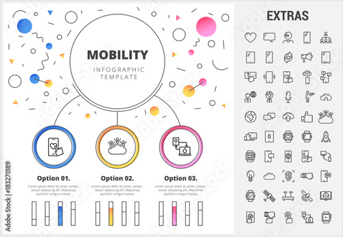 Mobility circle infographic template, elements and icons. Infograph includes customizable bar charts, line icon set with mobile technology, smartphone app, cloud computing, network connection etc.