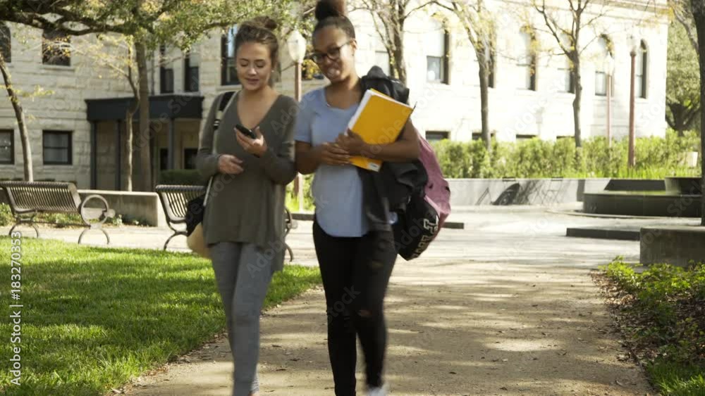 A cute Caucasian college student with cell phone and her pretty African American friend and colleague engaged in lively conversation while walking on campus. A cute Caucasian college student with cell phone and her pretty African American friend and colleague engaged in lively conversation while walking on campus.