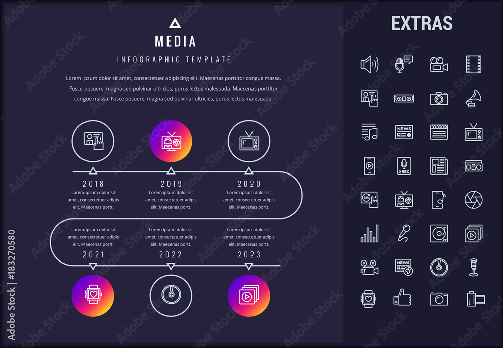 Media timeline infographic template, elements and icons. Infograph includes years, line icon set with global social media, user profile, tv broadcast, music note, microphone, record, video camera etc.